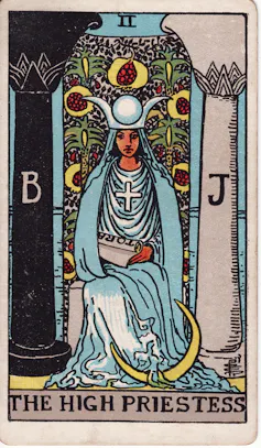 a drawing of a woman in blue robes,