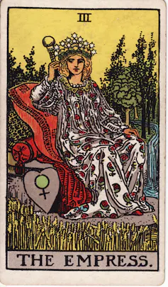 a drawing of a woman in red and white robe. she sits down on a chair