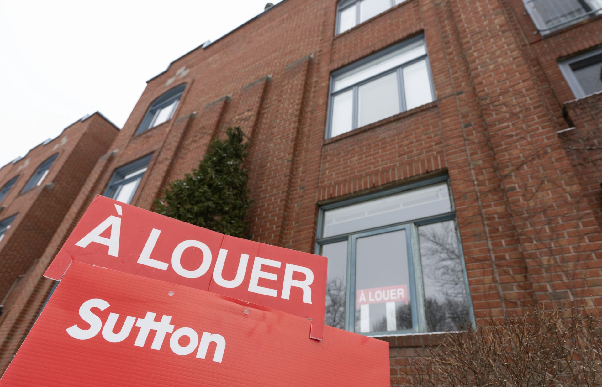 Une affiche "À louer" devant un édifice
