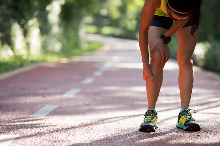 Woman wearing exercise gear leans down on a road in a forest clutching her shin.