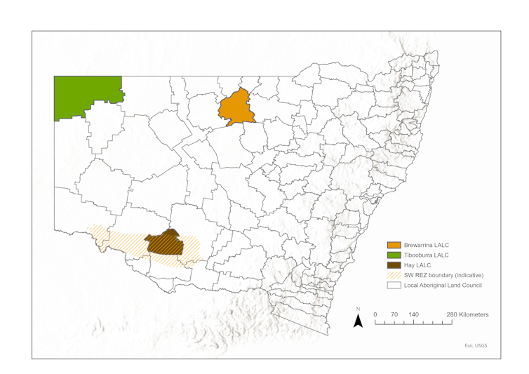 Map showing the locations of the three case study land councils in NSW