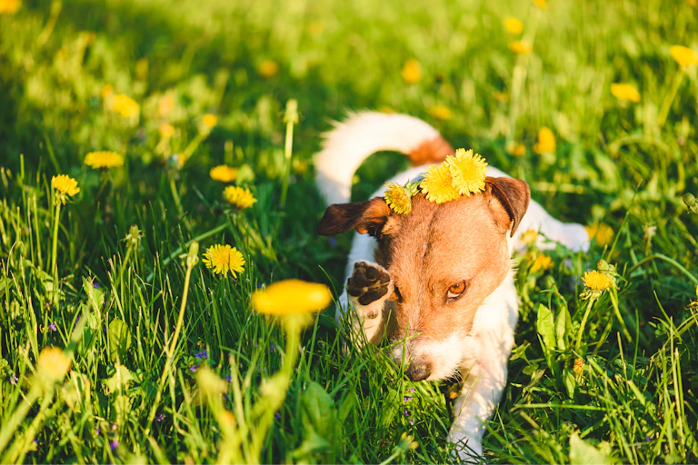 A small dog surrounded by flowers.