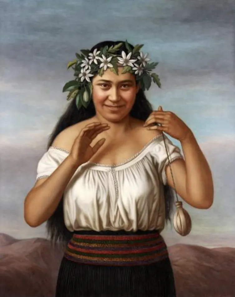A 19th-century painting of a Maori dancer called Terewai Horomona showing a young woman with a flower garland in her hair, arms raised and smiling.