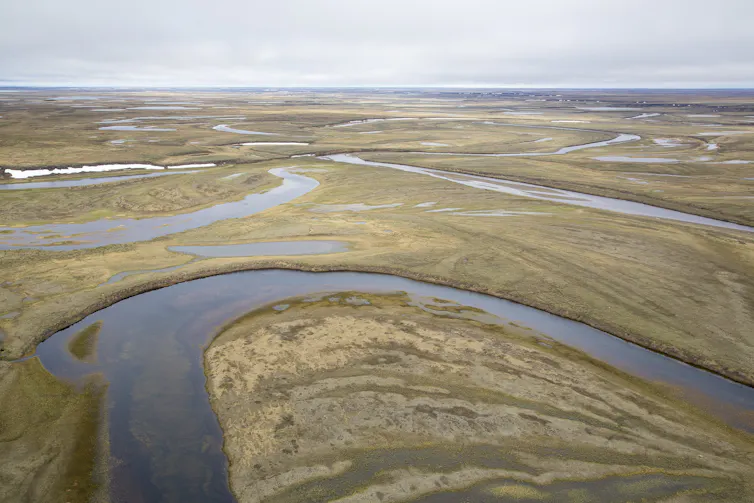 An aerial view across wetlands and tundra.