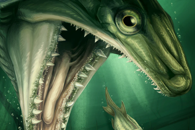 Ilustração de um grande peixe com dentes prestes a comer um peixe menor