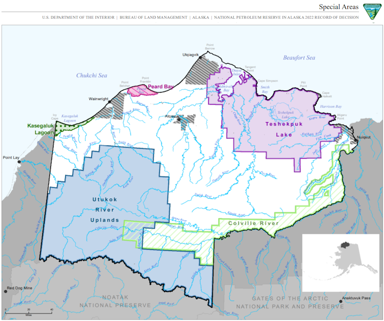 A map of the NPR-A shows five large areas currently set aside as
