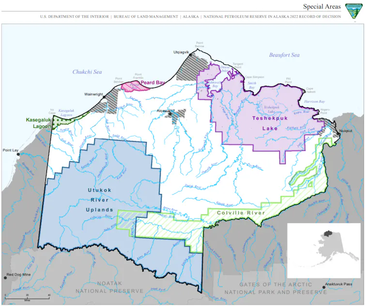 A map of the NPR-A shows five large areas currently set aside as