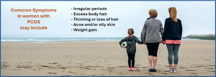 Two women and child seen from behind, standing on a beach