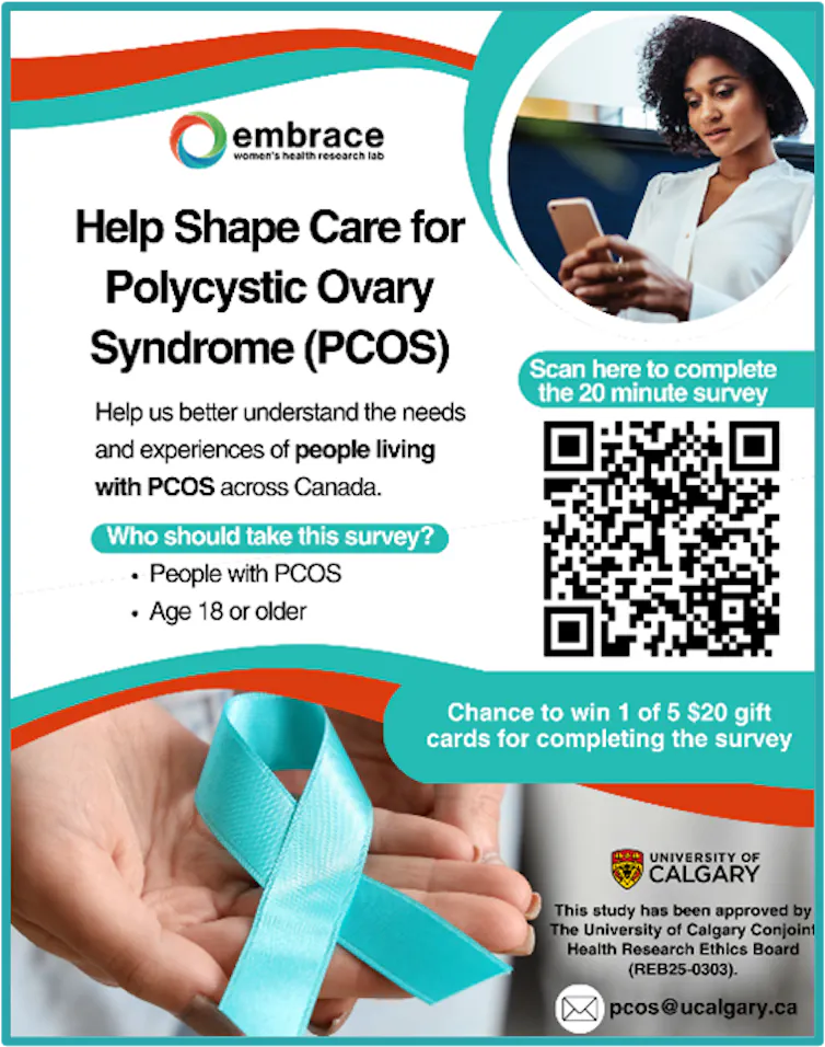 Information about the Embrace study, with a teal ribbon and a QR code