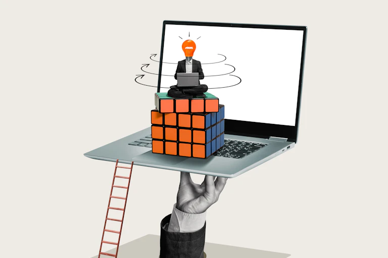 Ilustración de de una mano y una escalera sobre los que descansa un portátil y un cubo de Rubik con un hombre que usa otro portátil y tiene una bombilla en vez de cabeza