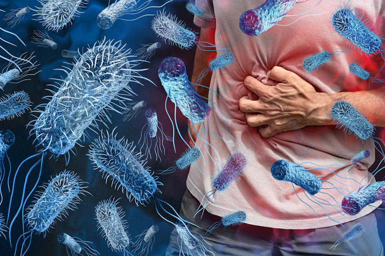 A man grips his stomach in pain or nausea. Drawings of the _Salmonella_ bacteria are laid over the photo to depict the probable cause of his stomach pains.
