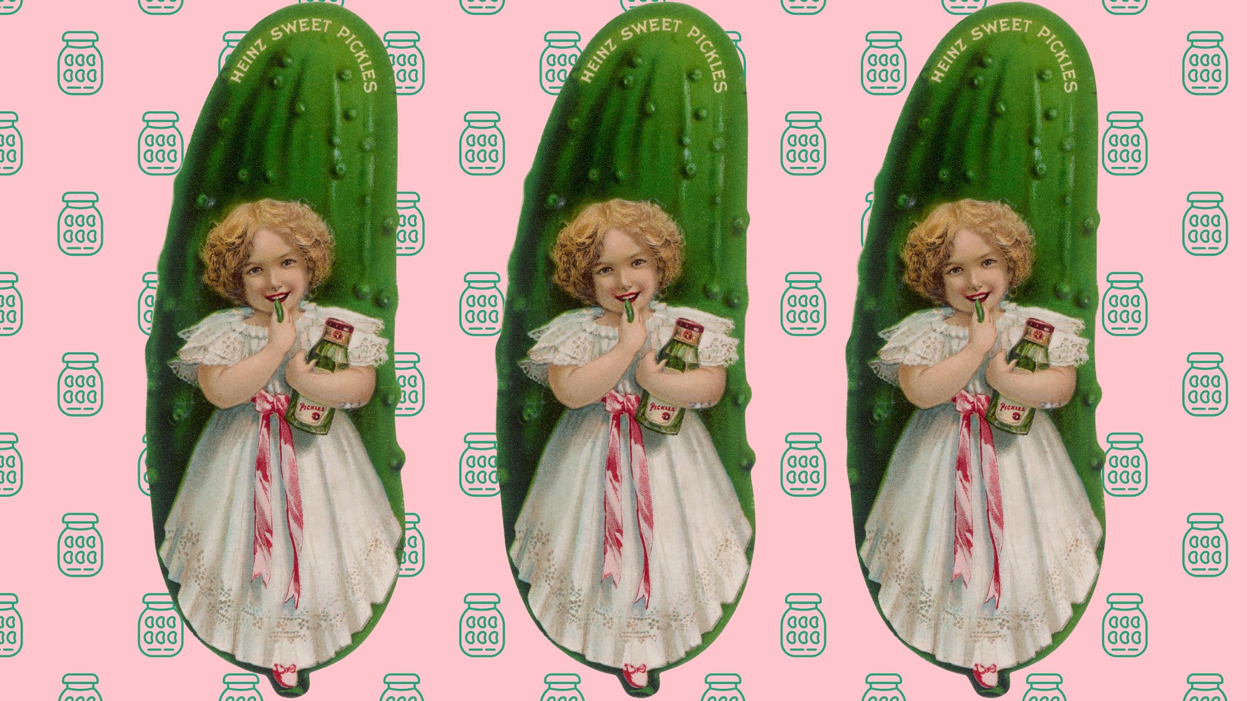 A girl in front of a giant pickle