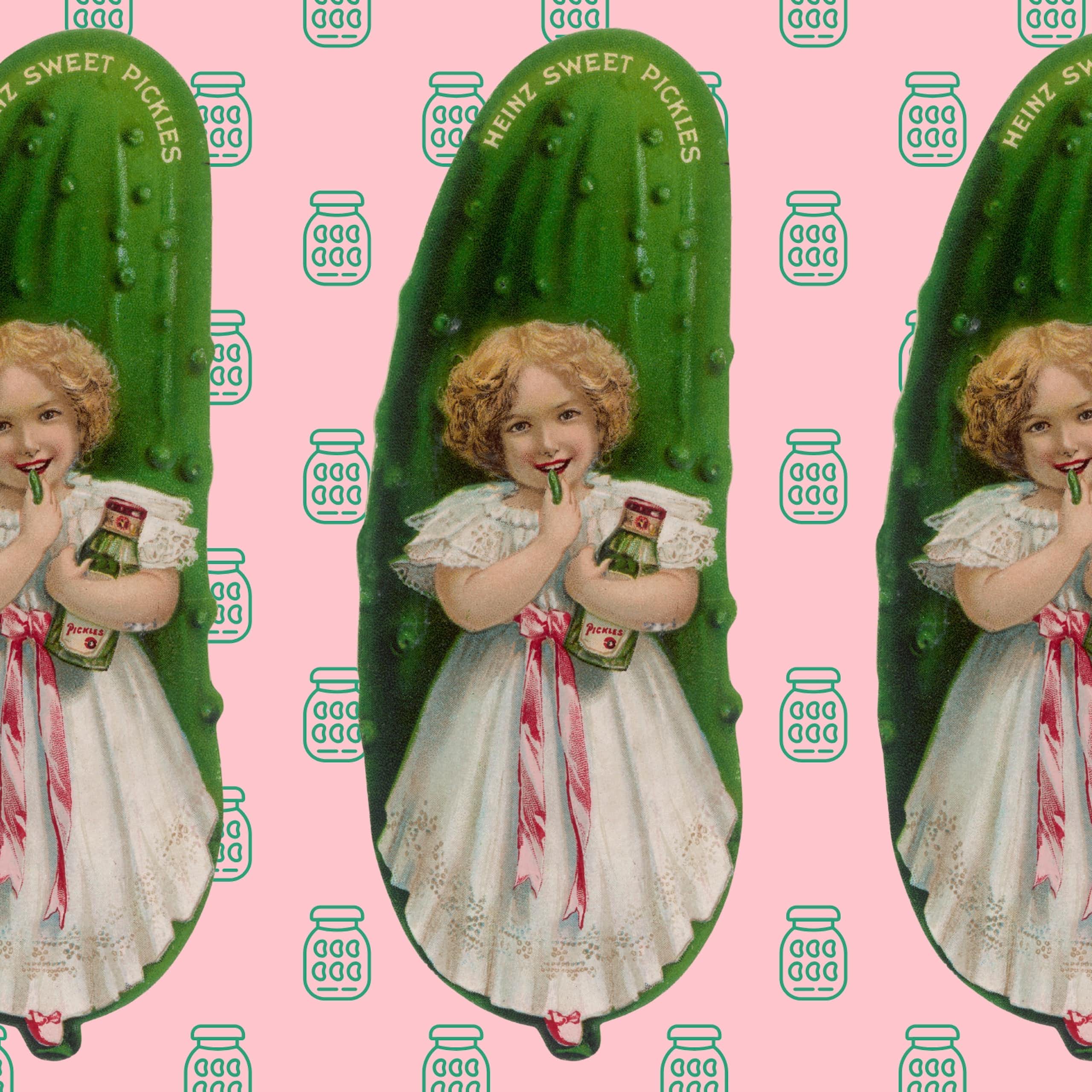 A girl in front of a giant pickle