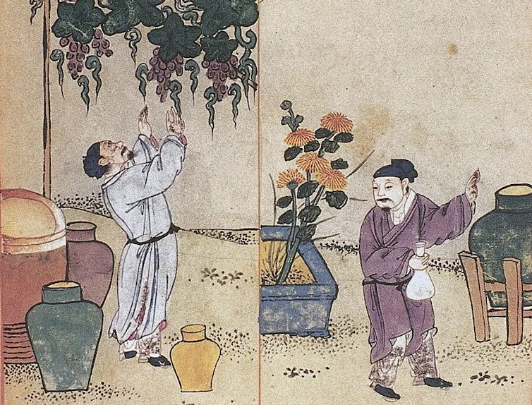Illustration of workers picking grapes