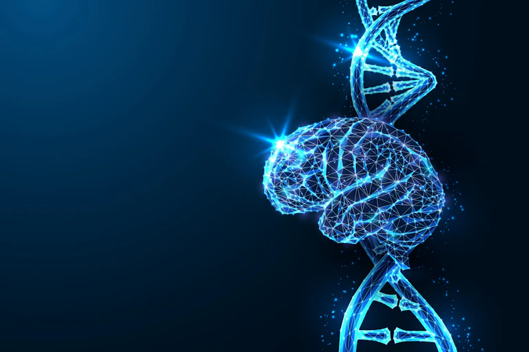 Ilustración de un cerebro y una hebra de ADN que lo atraviesa