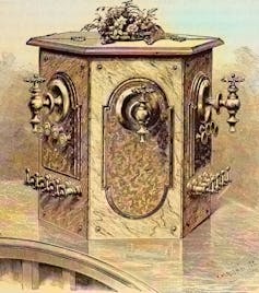 Drawing of hexogonal soda fountain with three visible spouts.