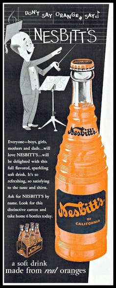 Advertisement for orange soda reading 'a soft drink made from real oranges.'