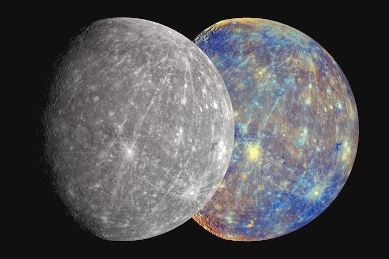 Mercúrio visto pela sonda espacial Messenger, da NASA (à esquerda) e uma aproximação da cor real de Mercúrio, tal como seria vista pelo olho humano (à direita)