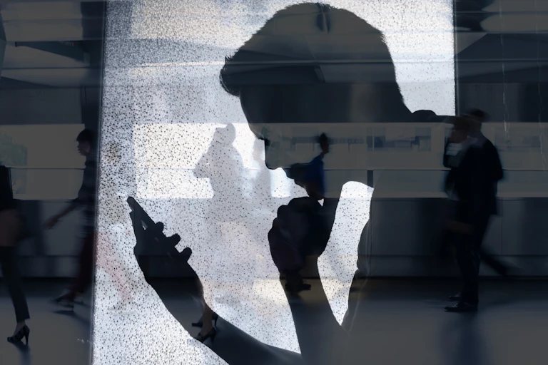 Silhouette of man scrolling on phone.