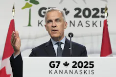 Canada's Prime Minister Mark Carney is seen during the closing news conference at the G7 Summit