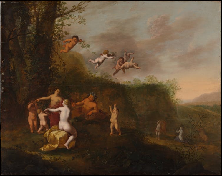 This painting depicts the god Bacchus (the Roman equivalent of the wine god Dionysus) lounging with some nymphs in a landscape.