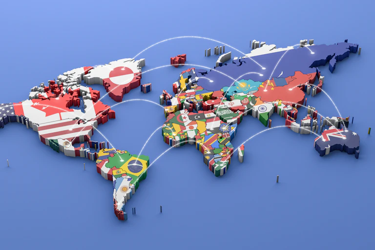 Mapa del mundo con vectores uniendo países
