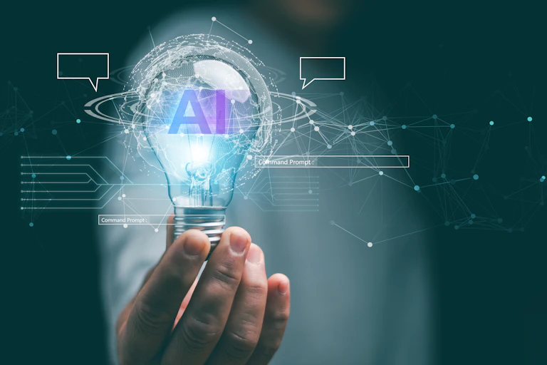 Image d'illustration avec une ampoule avec la mention AI en surimpression