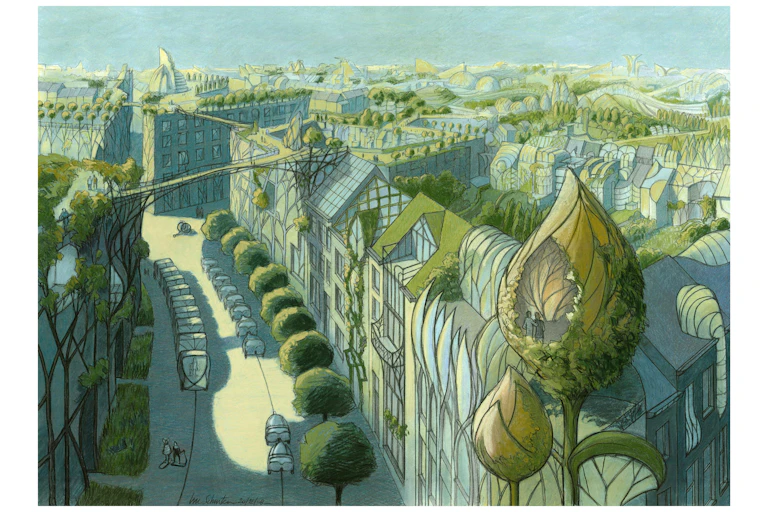 A drawing of a cityscape with buildings comprised of trees.