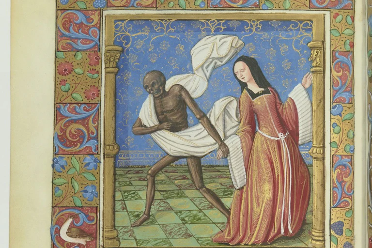 Illustration manuscrite richement colorée représentant une femme vêtue d'une robe rouge tenant la main d'un squelette de couleur sombre enveloppé dans un drap.