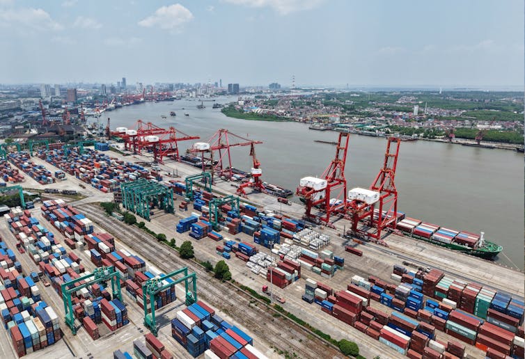 Cargo ships are seen at a container terminal.