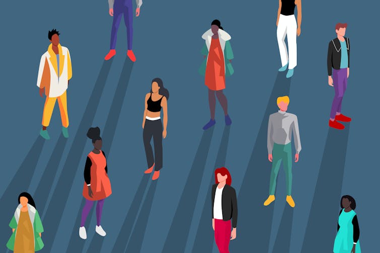 Illustration shows people of different gender, ethnicity and dress style walking on the street