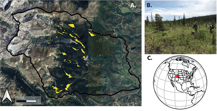 Images show a map of where wetlands are in the Boulder Creek Watershed; researchers in a wetland are; a world map.