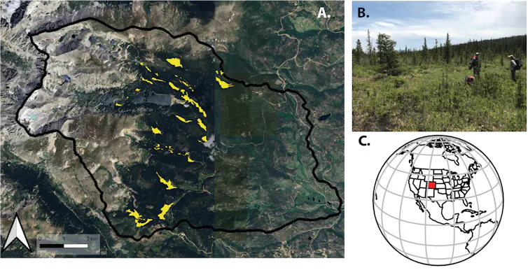 Images show a map of where wetlands are in the Boulder Creek Watershed; researchers in a wetland are; a world map.