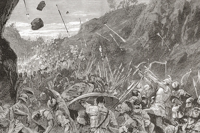 Un dessin représentant une scène de bataille antique.