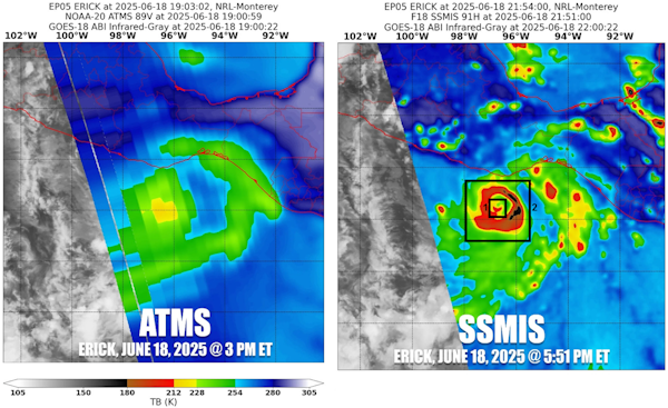 Two satellite views of the same storm from different instruments. The SSMIS provides higher resolution of the storm.