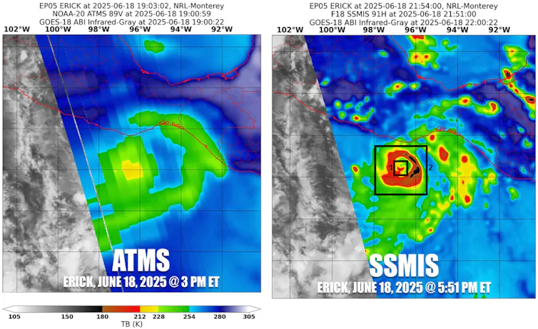 Two satellite views of the same storm from different instruments. The SSMIS provides higher resolution of the storm.