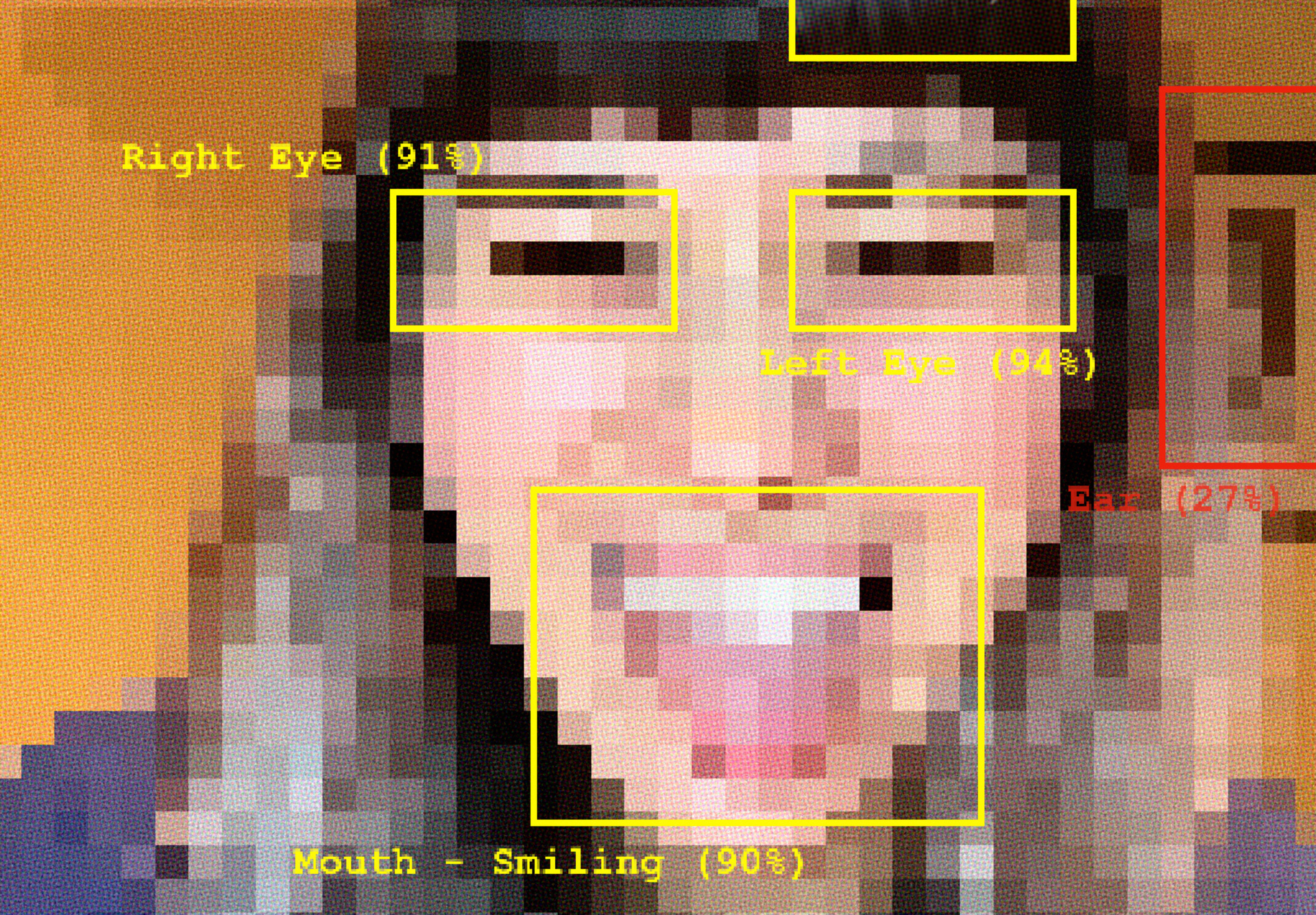 This image features a pixelated selfie featuring an individual with long brown hair and a fringe. The person has their tongue out and is smiling too. Most of the parts of the image are pixelated with red and yellow squares focusing on certain parts of the