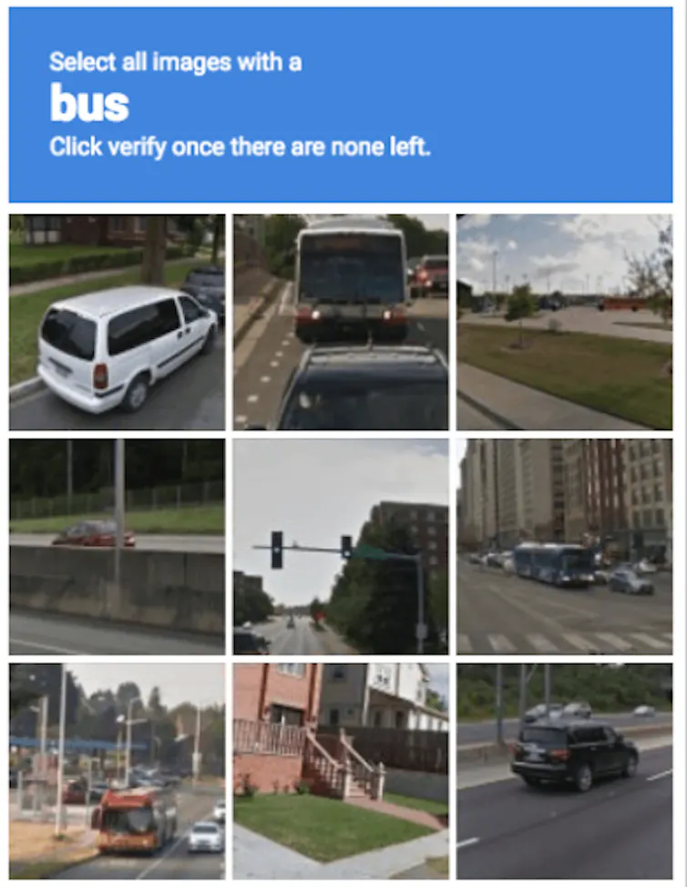 A screenshot of a CAPTCHA test asking a user to select all images with a bus.