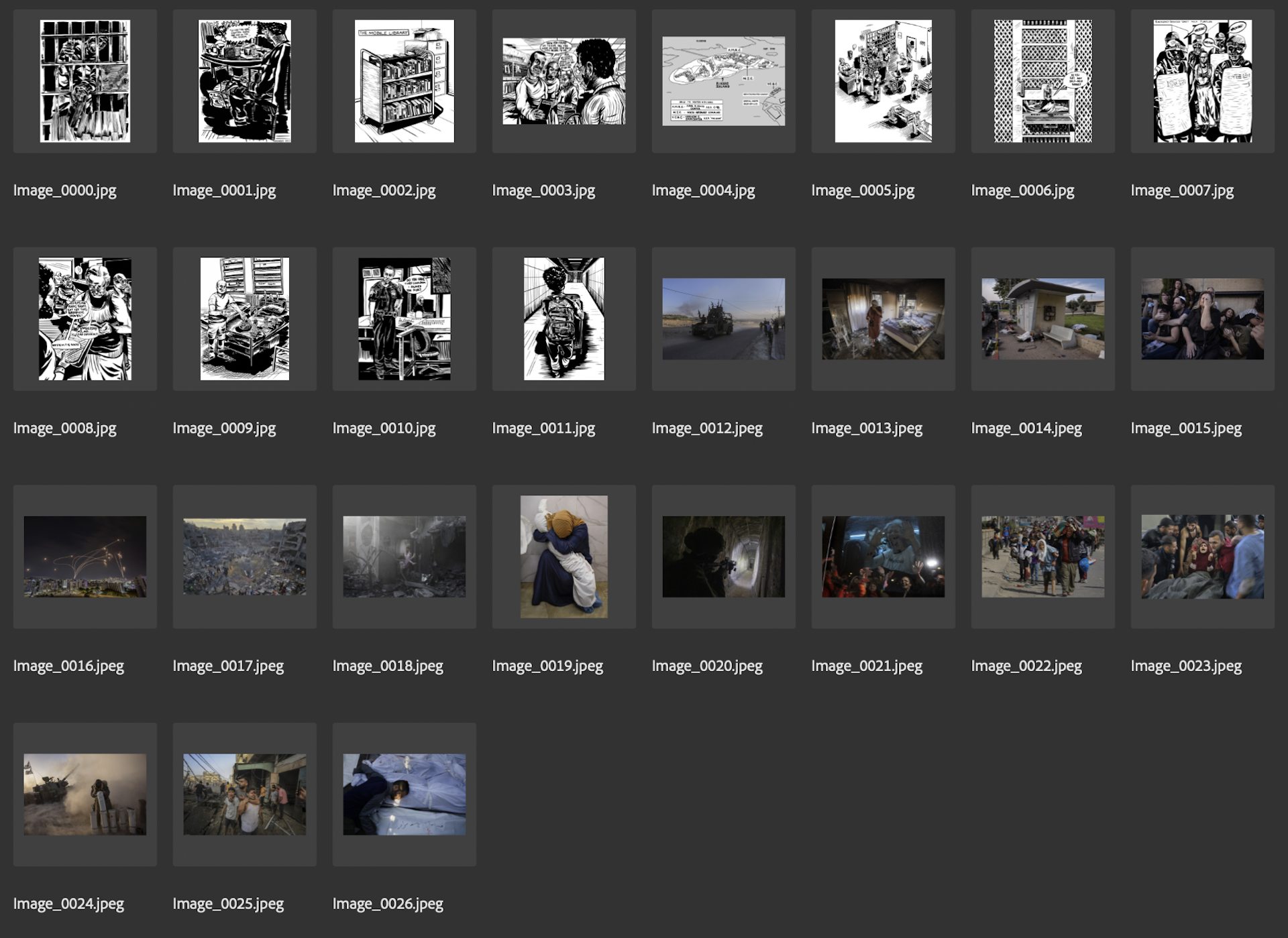A screenshot of several image thumbnails, some illustrations and some photos.