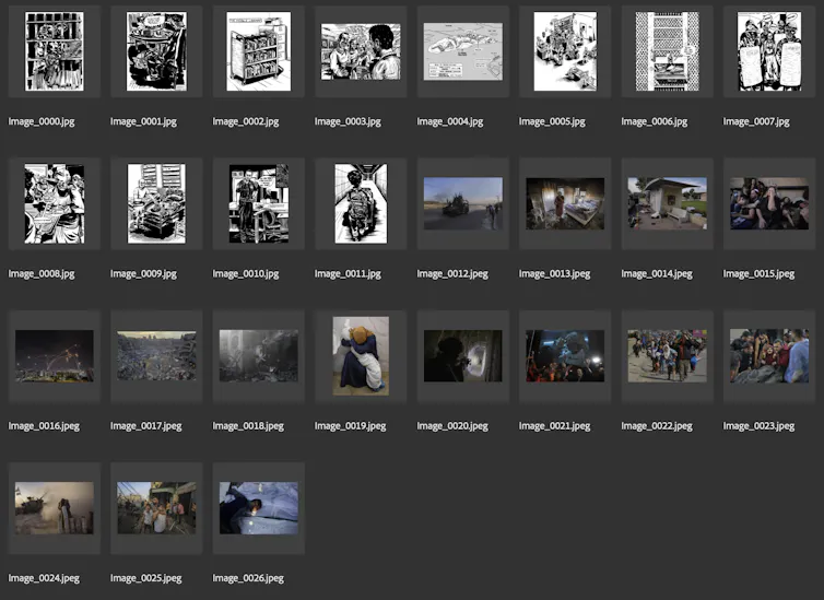 A screenshot of several image thumbnails, some illustrations and some photos.