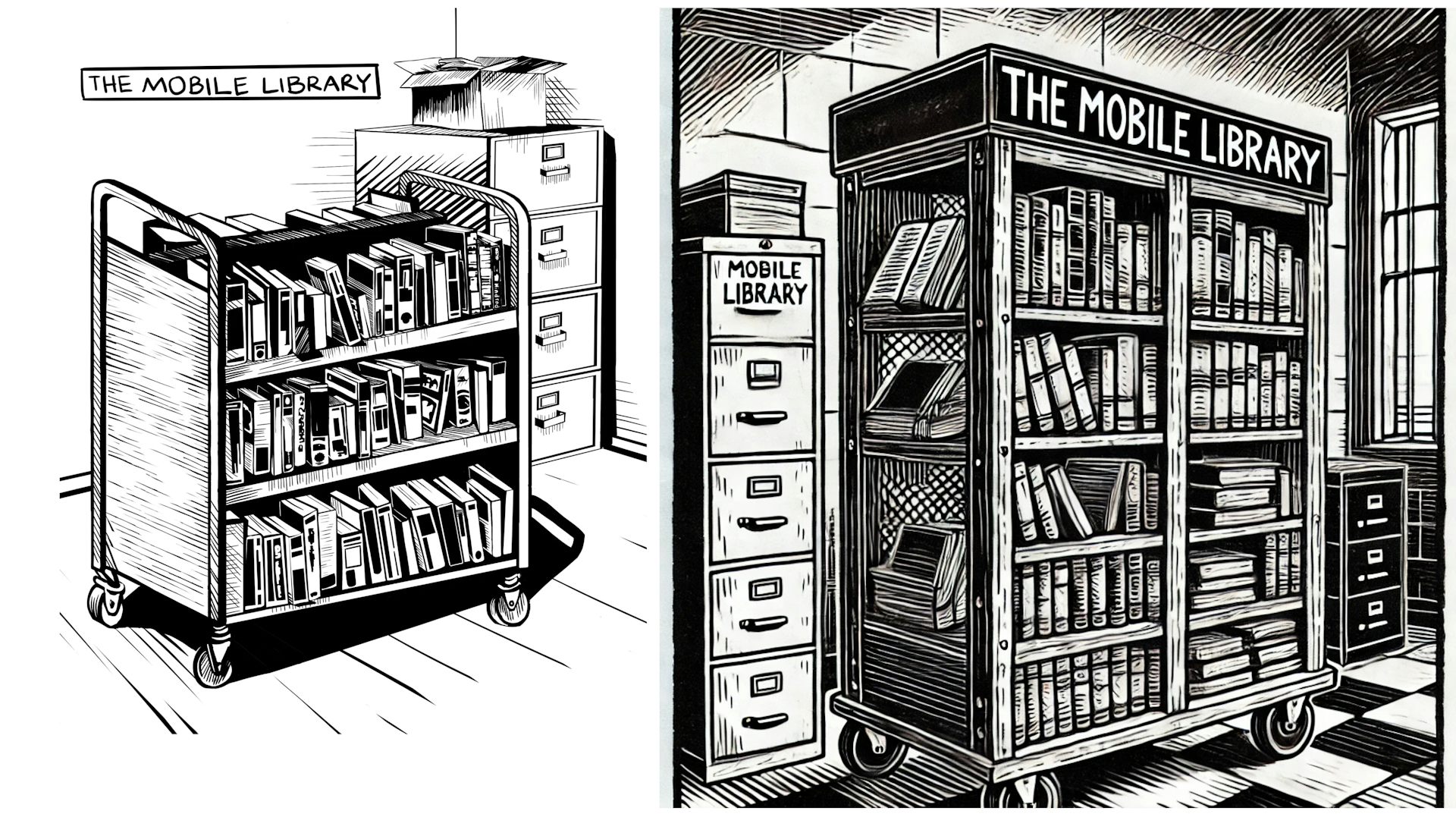 Two similar but different black and white illustrations of a bookshelf on wheels.