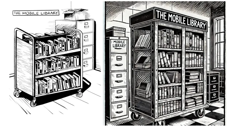 Two similar but different black and white illustrations of a bookshelf on wheels.