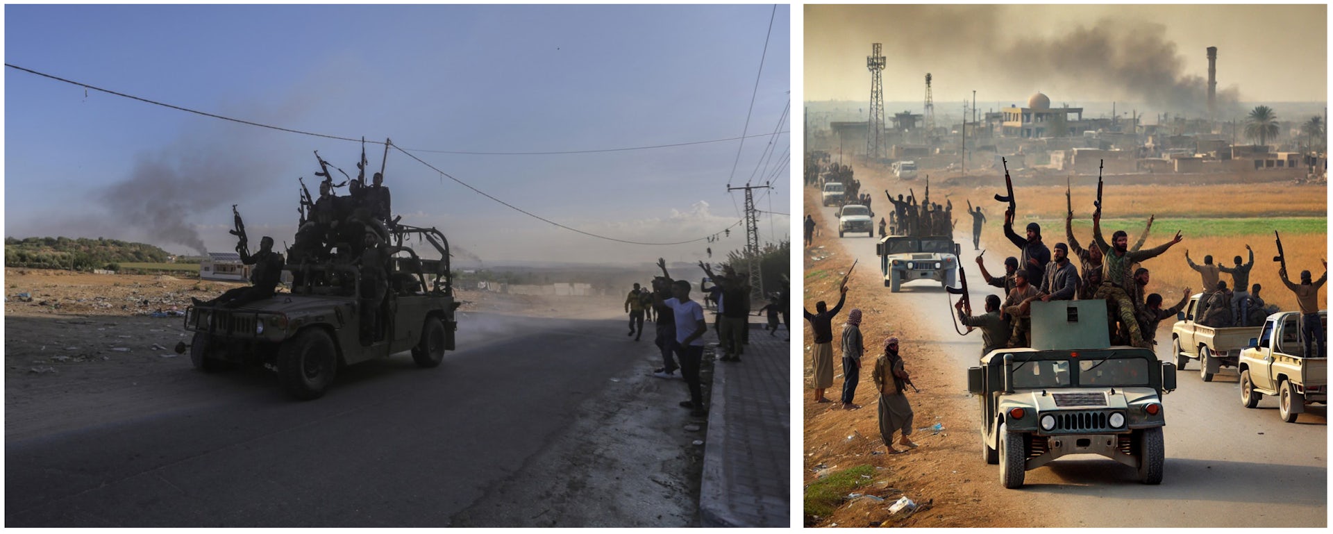 A photo of people with guns driving through a desert and a generated photorealistic image of several cars containing peopl with guns driving through a desert.