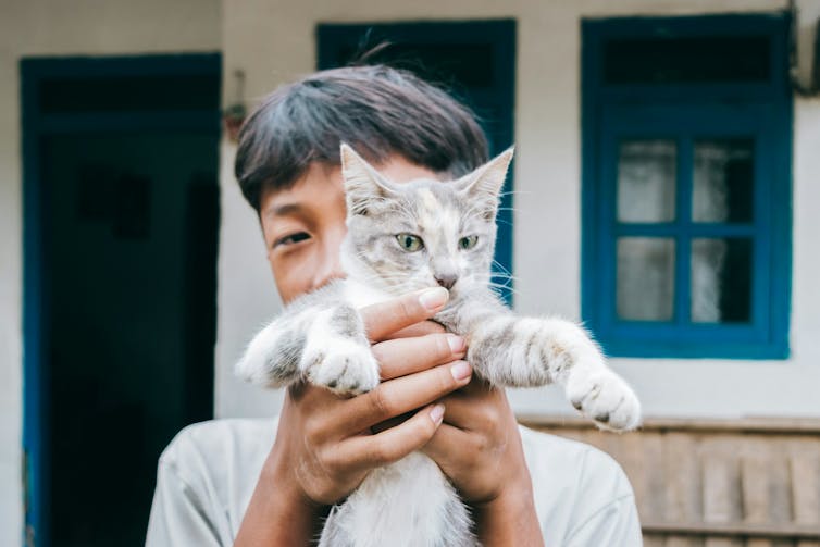 A boy holds up his cat.