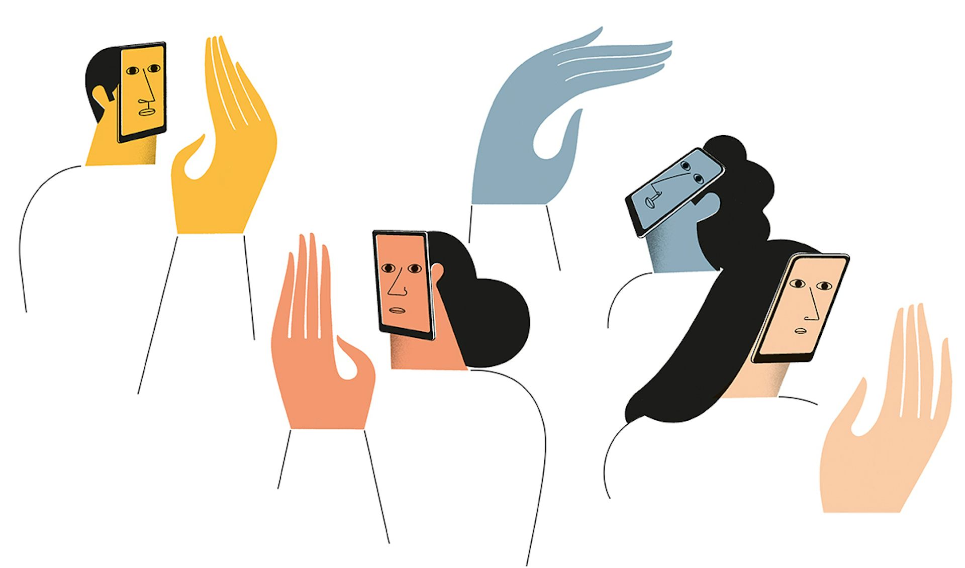 Ilustración que muestra a personas cuyos rostros son pantallas