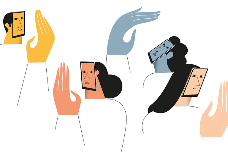 Ilustración que muestra a personas cuyos rostros son pantallas