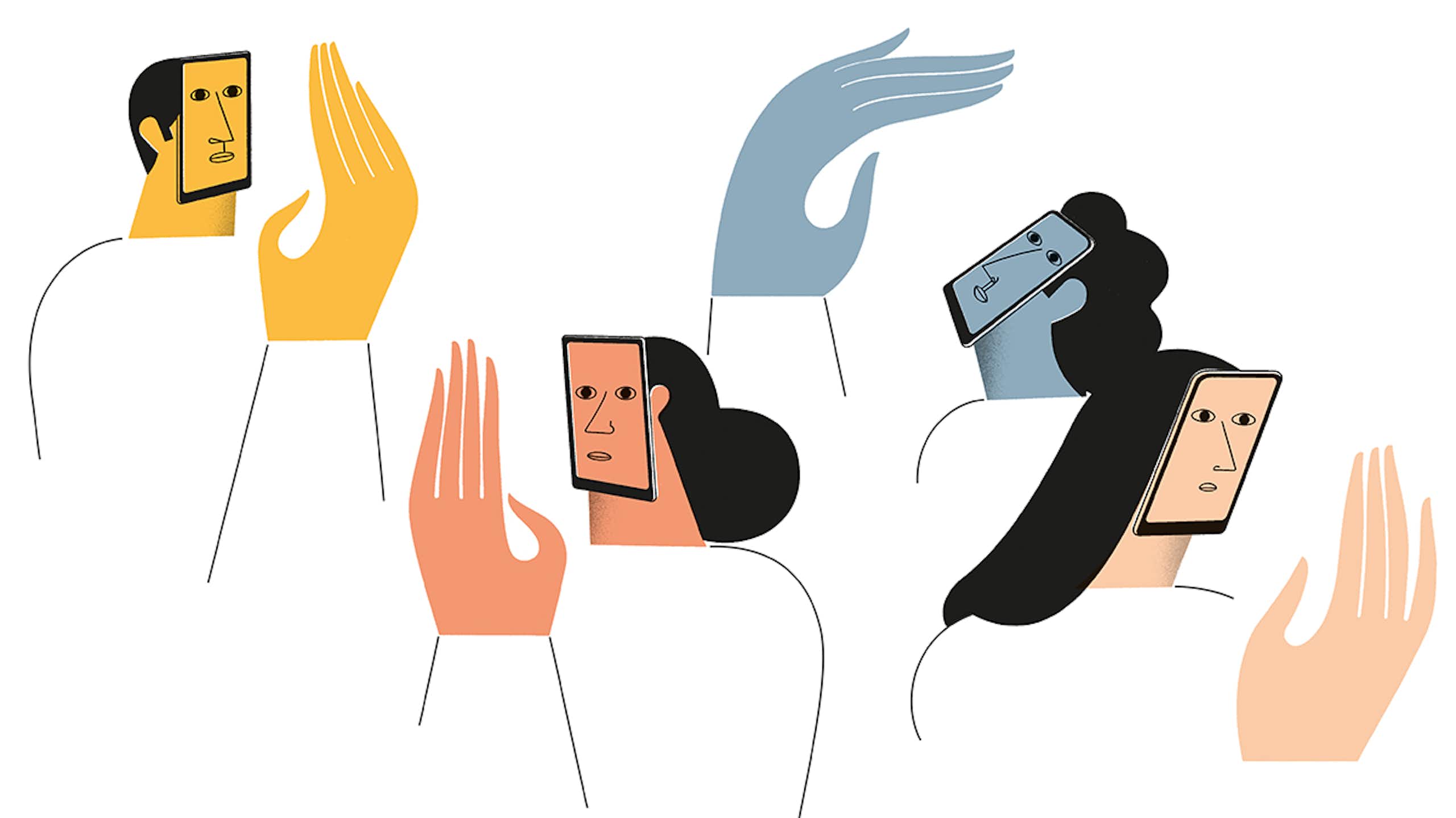 Ilustración que muestra a personas cuyos rostros son pantallas