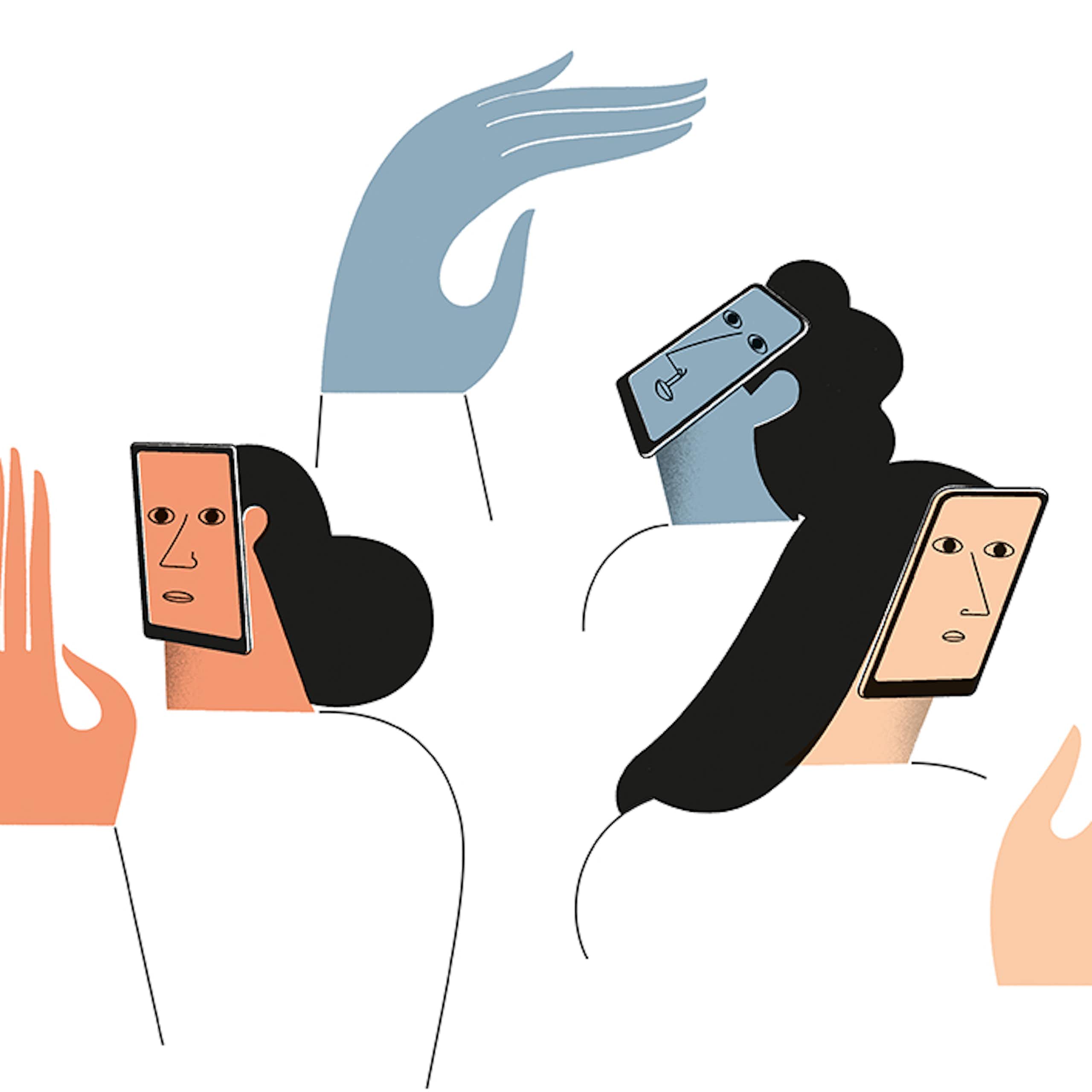 Ilustración que muestra a personas cuyos rostros son pantallas