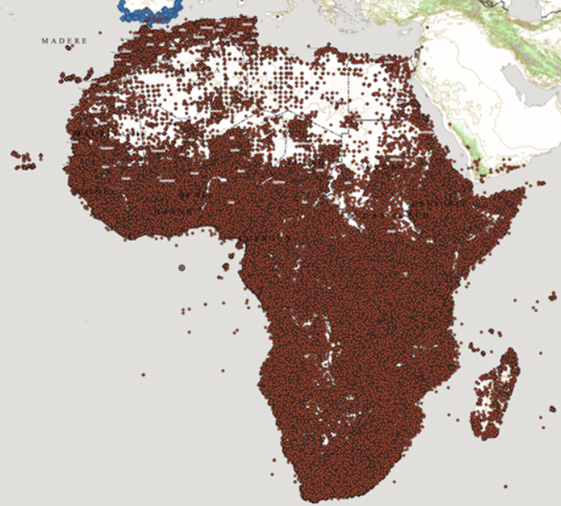 A white map of Africa and Madagascar with many brown dots showing where plants have been found and documented for the African Plant Database
