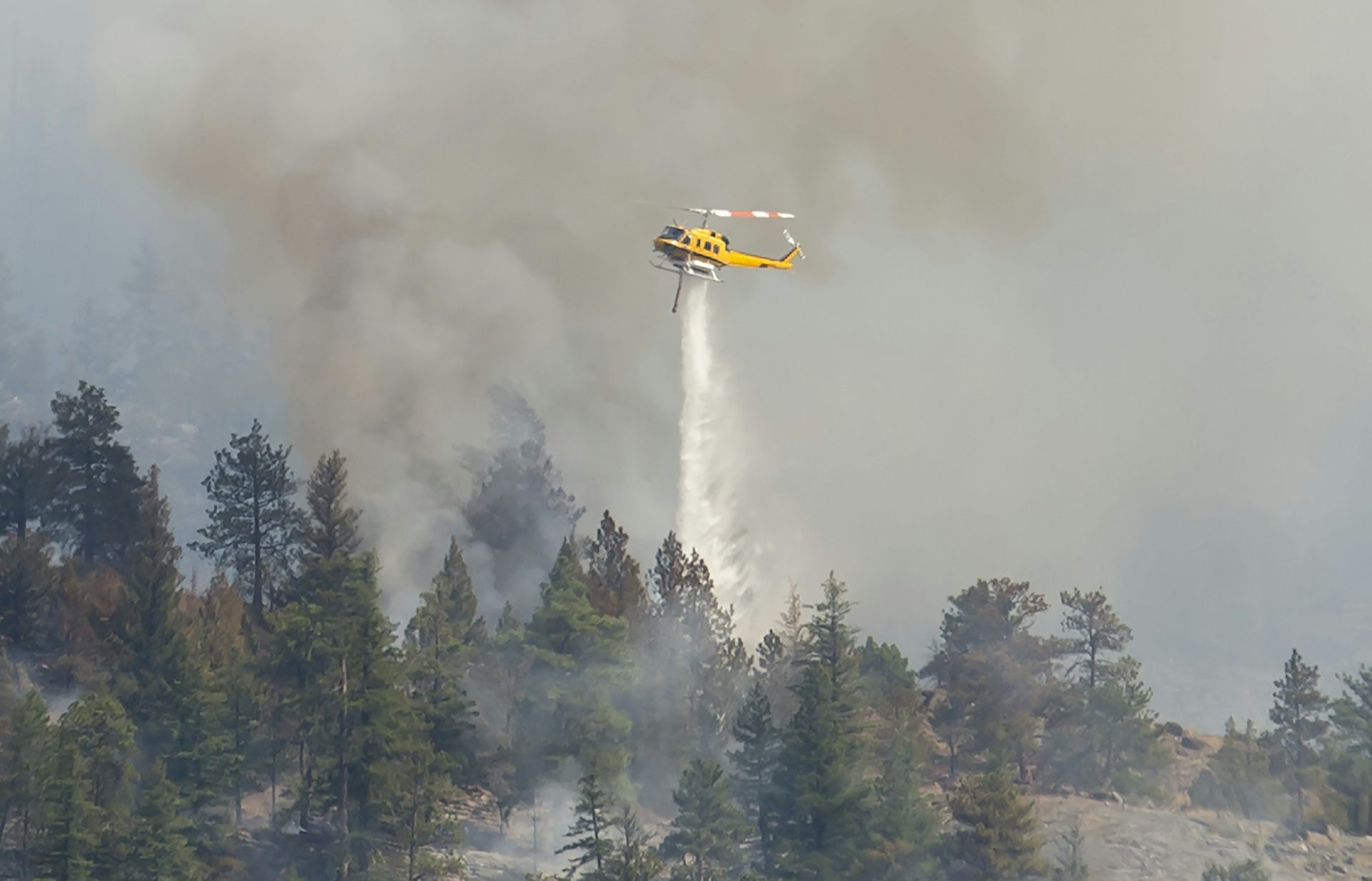 Un hélicoptère largue de l’eau sur un incendie de forêt